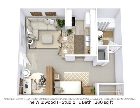 This is a 3D floor plan showing the interior flow and furniture placement of a studio apartment with 1 bathroom. Estimated at 380 square feet.